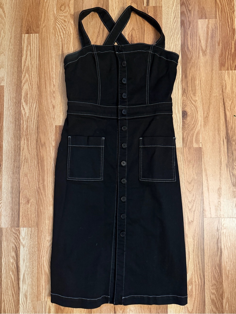 Reformation Jeans Black Button-Front Midi Dress with Contrast Topstitching